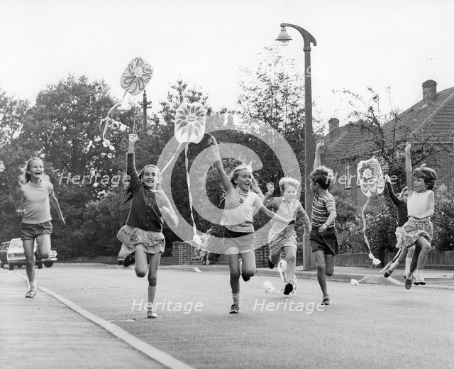 Children flying kites, Horley, Surrey, c1965-1975(?).