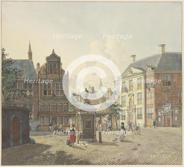 A well house in an open space, with a maid in a red skirt and a bucket. Creator: Johannes Huibert Prins.