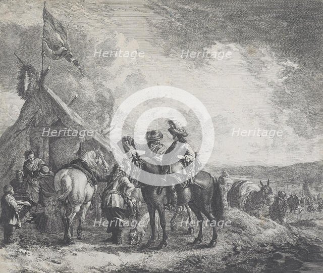 Encampments: A military encampment with a tent flying a flag,  c.1670. Creator: Jan de Visscher.