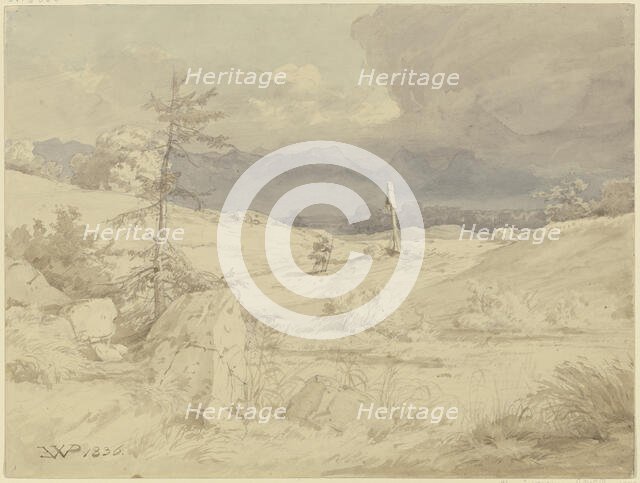 Approaching storm over a landscape with a wayside cross, 1836. Creator: Eduard Wilhelm Pose.