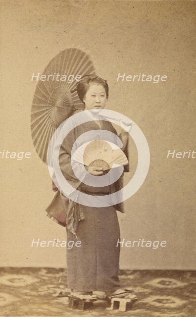 Woman with parasol and fan, about 1868. Creator: Felice Beato.