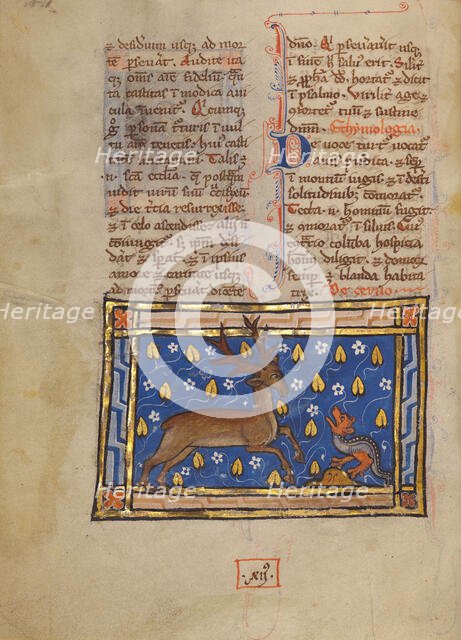 A Stag before a Dragon-like Snake; Bestiary, about 1270. Creator: Unknown.