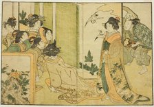 New Year Manzai Performance at a Feudal Lord's Mansion, from the illustrated book "Picture..., 1801. Creator: Kitagawa Utamaro.