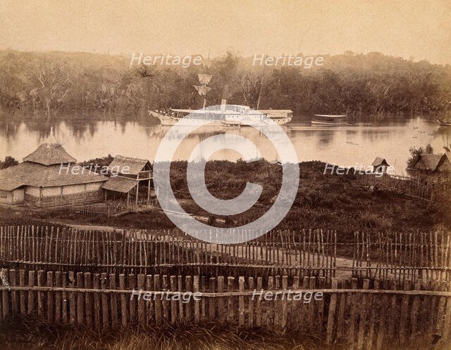 Malaya: steam yacht of the governor of the Straits Settlement on a Malaysian river, 1880. Creator: John Edmund Taylor.