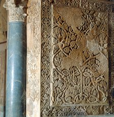 Detail of a column, a capital and the wall of the Hall of Ambassadors in Medina Azahara, built by…