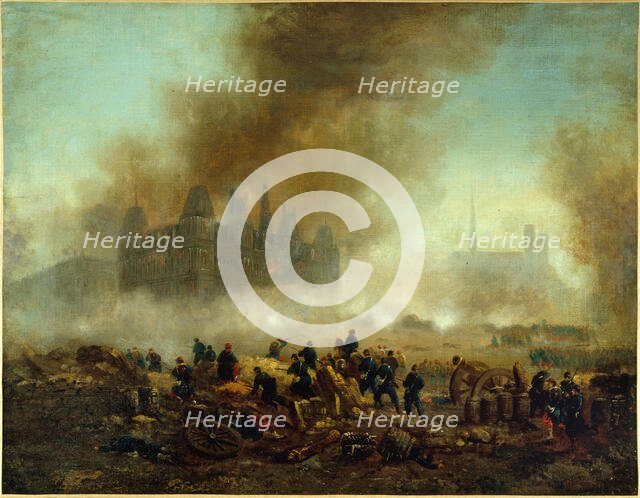 The Hotel de Ville set on fire, attacked by the troops of Versailles, 1871. Creator: Gustave Boulanger.