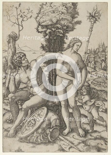 Mars seated at the left, his left hand on Venus's shoulder, cupid beside her at the right,..., 1508. Creator: Marcantonio Raimondi.