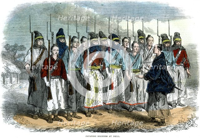 'Japanese soldiers at drill', 1864. Artist: Unknown