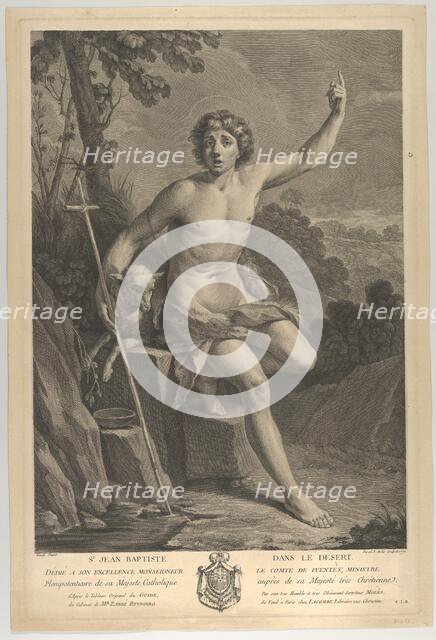 Saint John the Baptist in the desert, seated on a rock and pointing upward with his left h..., 1770. Creators: Guido Reni, Pedro Pascual Moles.