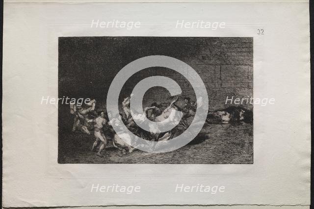 Bullfights: Two Teams of Picadors Thrown One After the Other by a Single Bull, 1876. Creator: Francisco de Goya (Spanish, 1746-1828).