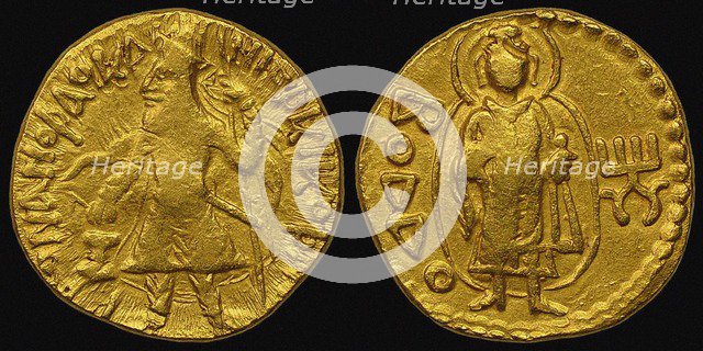 Gold Coin, Kushan. Obverse: Kanishka I. Reverse: in Bactrian script Buddha (boddo). Artist: Numismatic, Ancient Coins 