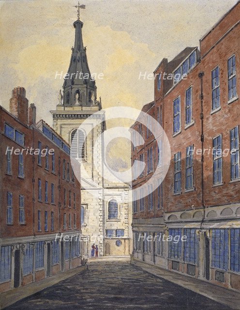 Church of St Edmund the King viewed from Clement's Lane, City of London, 1820. Artist: Anon