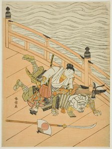 Ushiwakamaru and Benkei fighting on Gojo Bridge, c. 1767. Creator: Suzuki Harunobu.