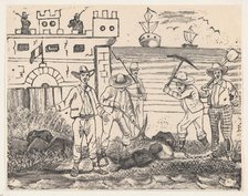 A group of prisoners performing labor by the sea, from a broadside entitled "Ultimas notic..., 1892. Creator: José Guadalupe Posada.