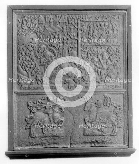 Fireback with New Testament Scenes and Two Knights Jousting, German, 1520. Creator: Unknown.