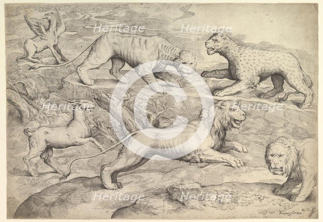 Six Animals, including lions, a tiger, a leopard, a griffin, and a goat, ca. 1530-61. Creator: Battista Franco Veneziano.