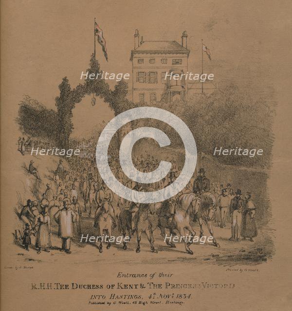 'Entrance of their R.H.H. The Duchess of Kent & The Princess Victoria into Hastings' Creator: J. Thorpe.