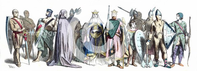 Normans and Saxons personages of the 10th century, German engraving 1860.