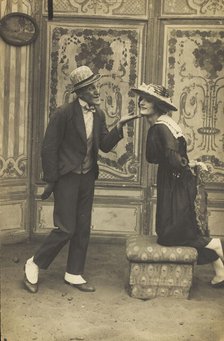 French prisoners of war, one in drag, performing a show at Sennelager prisoner of wa..., (1918?). Creator: Unknown.