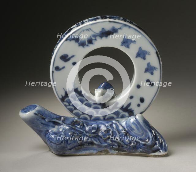 Disc-Shaped Okimono, or Desk Screen, with Rat, Fuji, Plovers, Waves, and Plum Design, 19th century. Creator: Unknown.