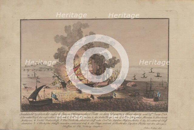 Naval battle between the Russian and Ottoman fleet in the Black Sea on June 28 and 29, 1788, 1788. Creator: Balzer, Anton (1771-1807).