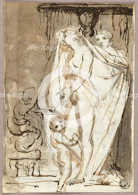 Sculptor Undraping Sculpture of a Nude Woman and Child, 1766/1831. Creator: James Northcote.