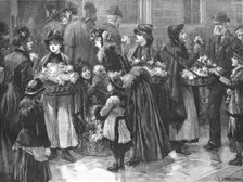 ''"For The Patients"; Flower-Girls outside the University Hospital on a visiting day', 1890. Creator: Charles Joseph Staniland.