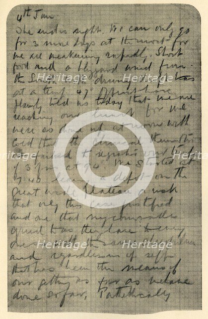 'Facsimile of Page of Shackleton's Diary', 4 January 1909. Artist: Unknown.