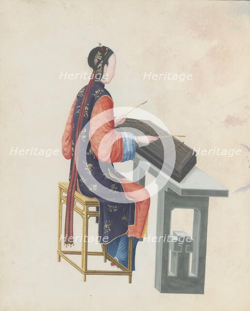 Watercolour of musician playing yangqin, late 18th century. Creator: Unknown.