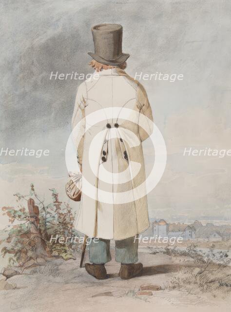 Man in costume with white coat, hat and cane, standing full-length, back view, 1810-1857.  Creator: Otto Wallgren.