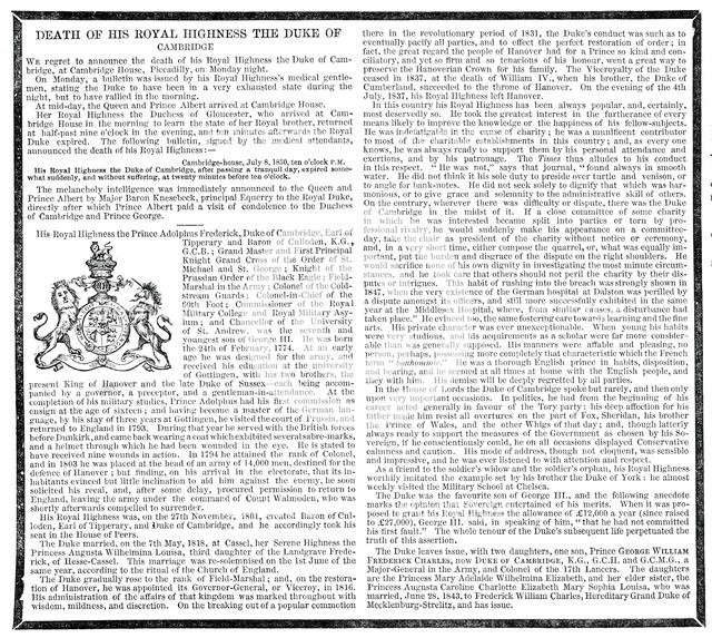 Death of His Royal Highness the Duke of Cambridge, 1850. Creator: Unknown.
