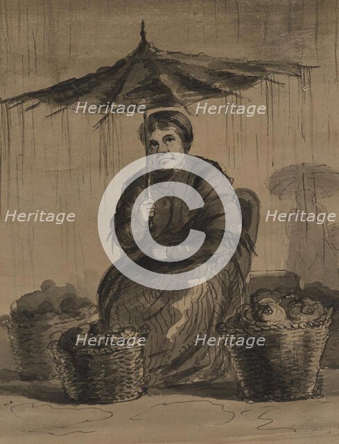 Woman Under an Umbrella in a Market, mid 19th century. Creator: Alfred Jacob Miller.