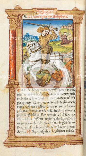 Printed Book of Hours (Use of Rome): fol. 103v, St. George Slaying the Dragon, 1510. Creator: Guillaume Le Rouge (French, Paris, active 1493-1517).