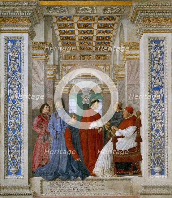 Pope Sixtus IV Appoints Bartolomeo Platina as Prefect of the Vatican Library, ca 1478. Creator: Melozzo da Forli (1438-1494).