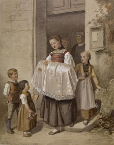 Peasant Girl Holding Baby in Christening, 1863. Creator: Hubert Salentin.