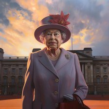 AI IMAGE - Portrait of Queen Elizabeth II in front of Buckingham Palace, 2000s, (2023). Creator: Heritage Images.