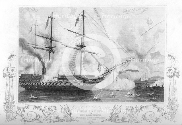 HMS 'Agamemnon' attacking Fort Constantine, 1854 (1857).Artist: H Winkles