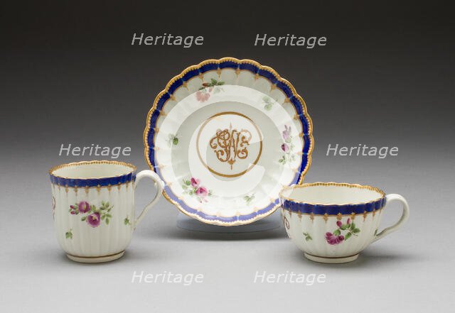 Teacup, Coffee Cup, and Saucer, Worcester, 1775/80. Creator: Royal Worcester.