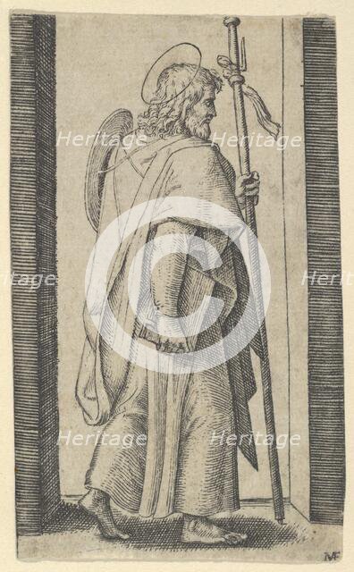 Saint James Major, book is his right hand, staff in his left facing right, from t..., ca. 1500-1527. Creator: Marcantonio Raimondi.