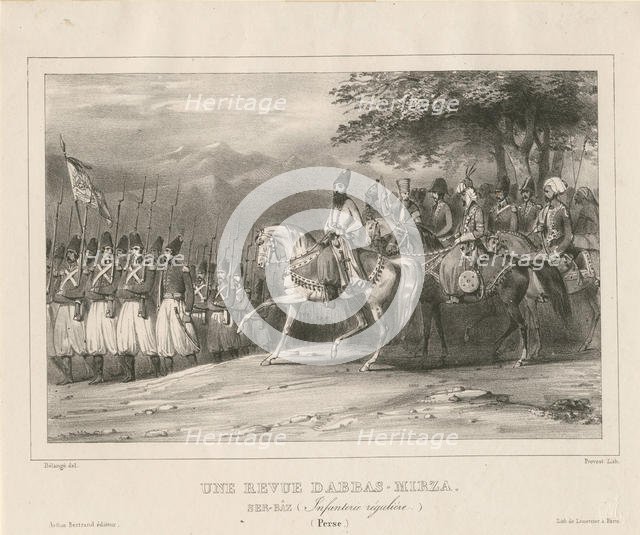 Prince, Field-Marshal Abbas Mirza (1789-1833) inspects infantry regiment, 1835. Artist: Bellangé, Hippolyte (1800-1866)