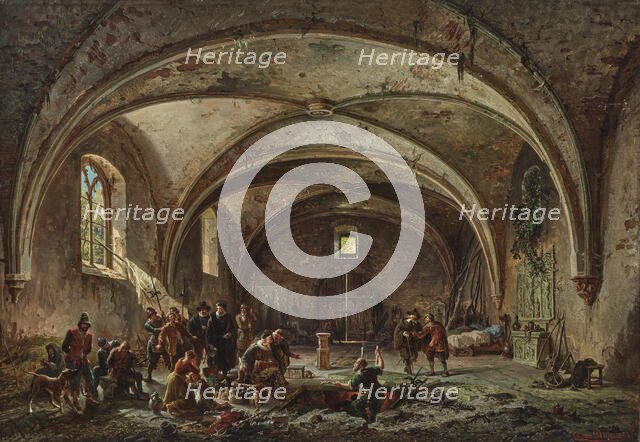 Finding of a gang of thieves in an abandoned chapel, 1854. Creator: Wille, August von (1829-1887).