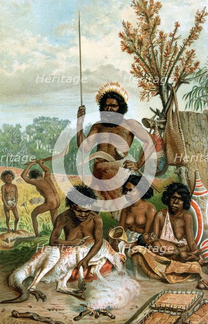 Australian aborigines butchering a kangaroo, 1885-1888. Artist: Unknown