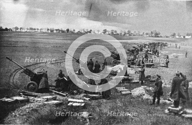 Soviet artillery at the Seelow Heights, April 1945 Artist: Anonymous  