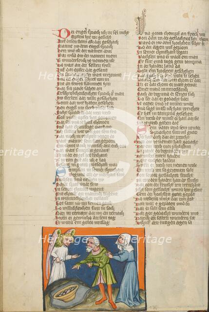 Manoah and His Wife Offering a Meal to the Angel; Weltchronik, about 1400-1410. Creator: Unknown.