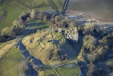 The remains of Clun Castle, a motte and bailey castle, Clun, Shropshire, 2024. Creator: Damian Grady.