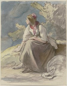 Farm girl sitting on a grass bench facing left, c1830-1872. Creator: Jakob Becker.