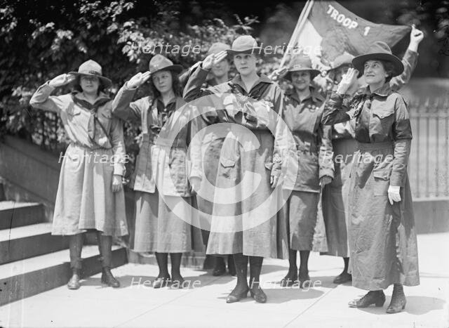 Girl Scouts - Troop #1. Mrs. Juliette Low, Founder, Right; Elenore Putsske, Center; Evaline..., 1917 Creator: Harris & Ewing.