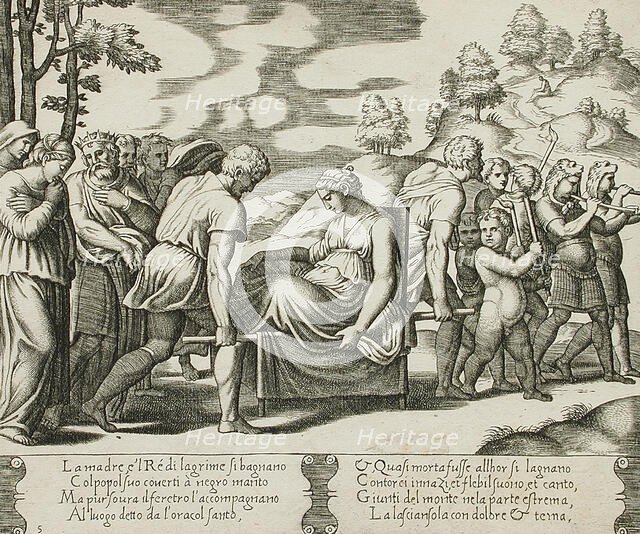 Psyche carried on a litter being taken to a mountain, between 1520 and 1535. Creator: Master of the Die.