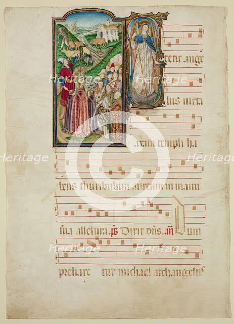 Miracle of Mount Gargano; Historiated "S" with Saint Michael, late 15th century. Creator: Circle of Jaume Huguet.