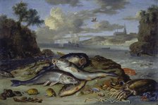 Still Life with Fish and Sea Animals in a Coastal Landscape, 1661. Creator: Jan van Kessel.